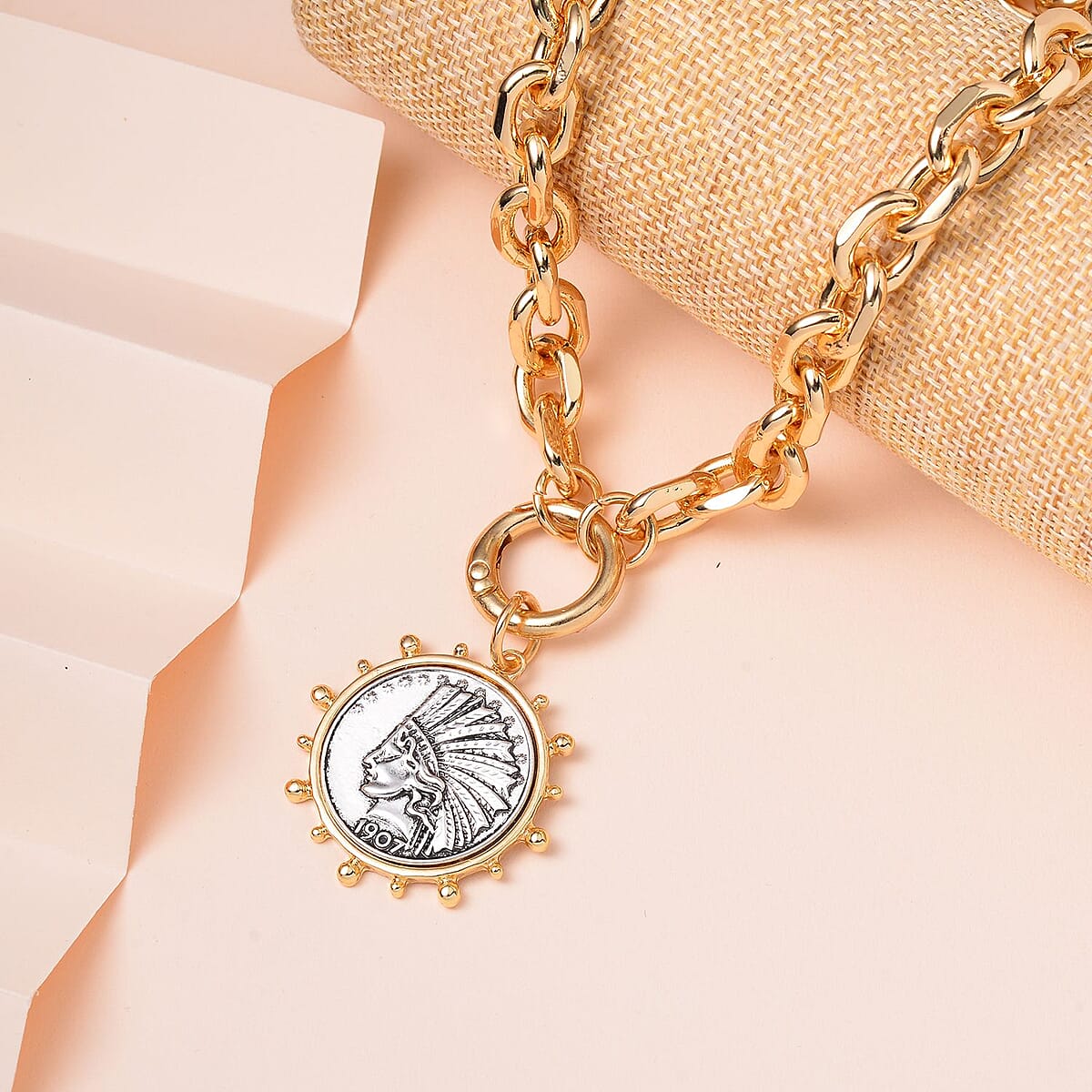 Lady Liberty Coin Necklace 20 Inches Pendant in Silvertone and Goldtone image number 1