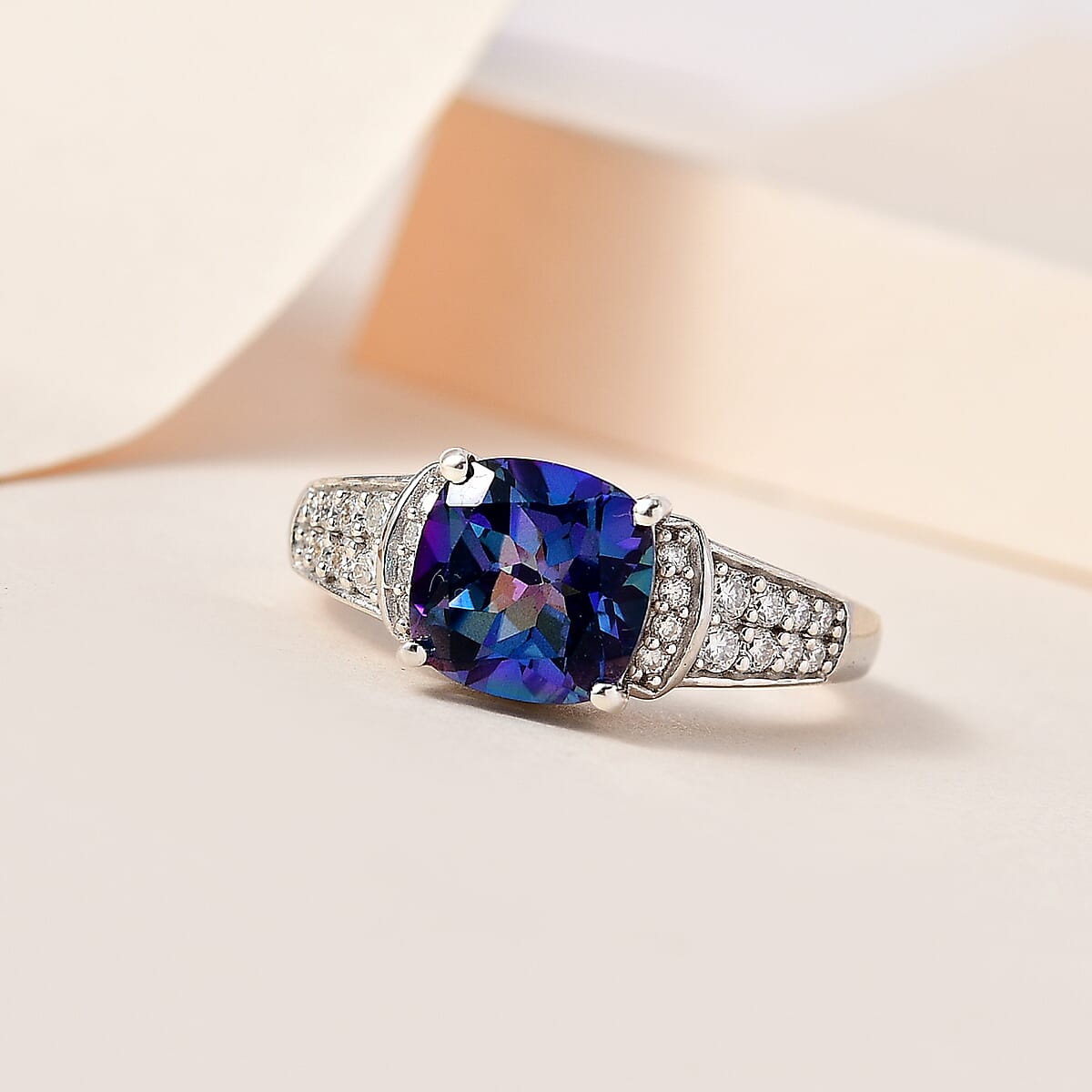 Blue Petalite and Moissanite Ring in Platinum Over Sterling Silver (Size 10.0) 2.10 ctw image number 1