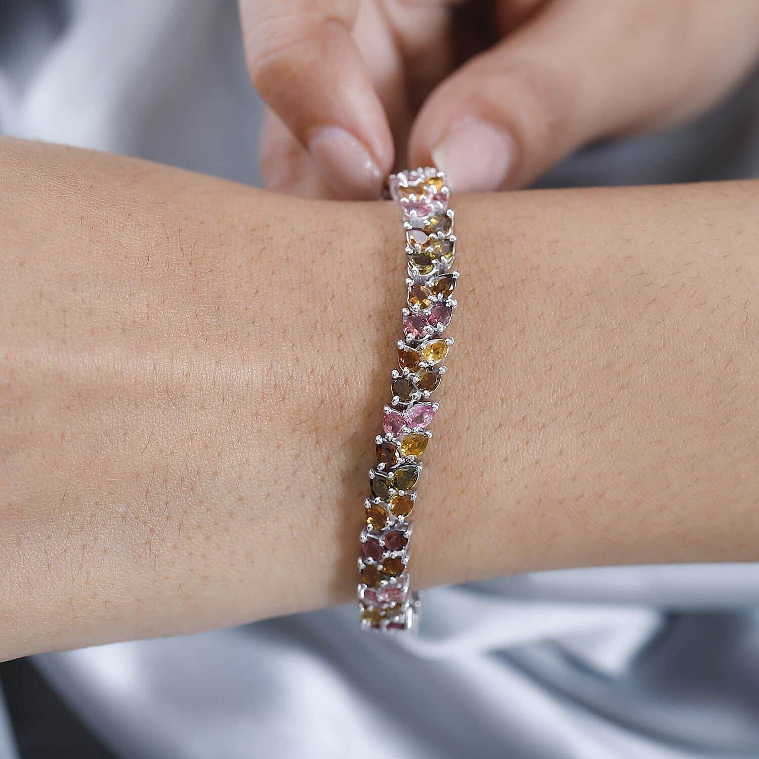 Multi-Tourmaline 2 Row Bracelet in Platinum Over Sterling Silver (6.50 In) 11.40 ctw