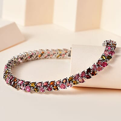 Multi-Tourmaline 2 Row Bracelet in Platinum Over Sterling Silver (8.00 In) 13.80 ctw