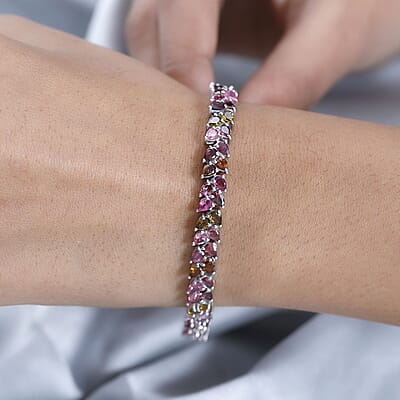 Multi-Tourmaline 2 Row Bracelet in Platinum Over Sterling Silver (8.00 In) 13.80 ctw