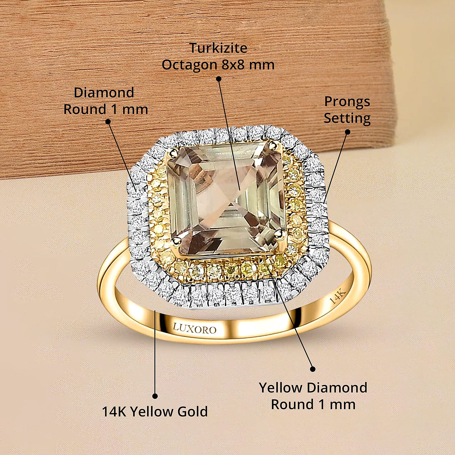 Luxoro AAA Turkizite, I1-I2 Natural Yellow and White Diamond 3.10 ctw Double Halo Ring in 14K Yellow Gold (Size 10.0)