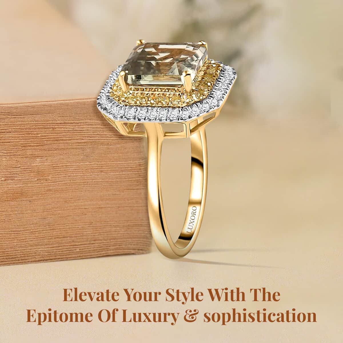 Luxoro AAA Turkizite, I1-I2 Natural Yellow and White Diamond 3.10 ctw Double Halo Ring in 14K Yellow Gold (Size 7.0) image number 2