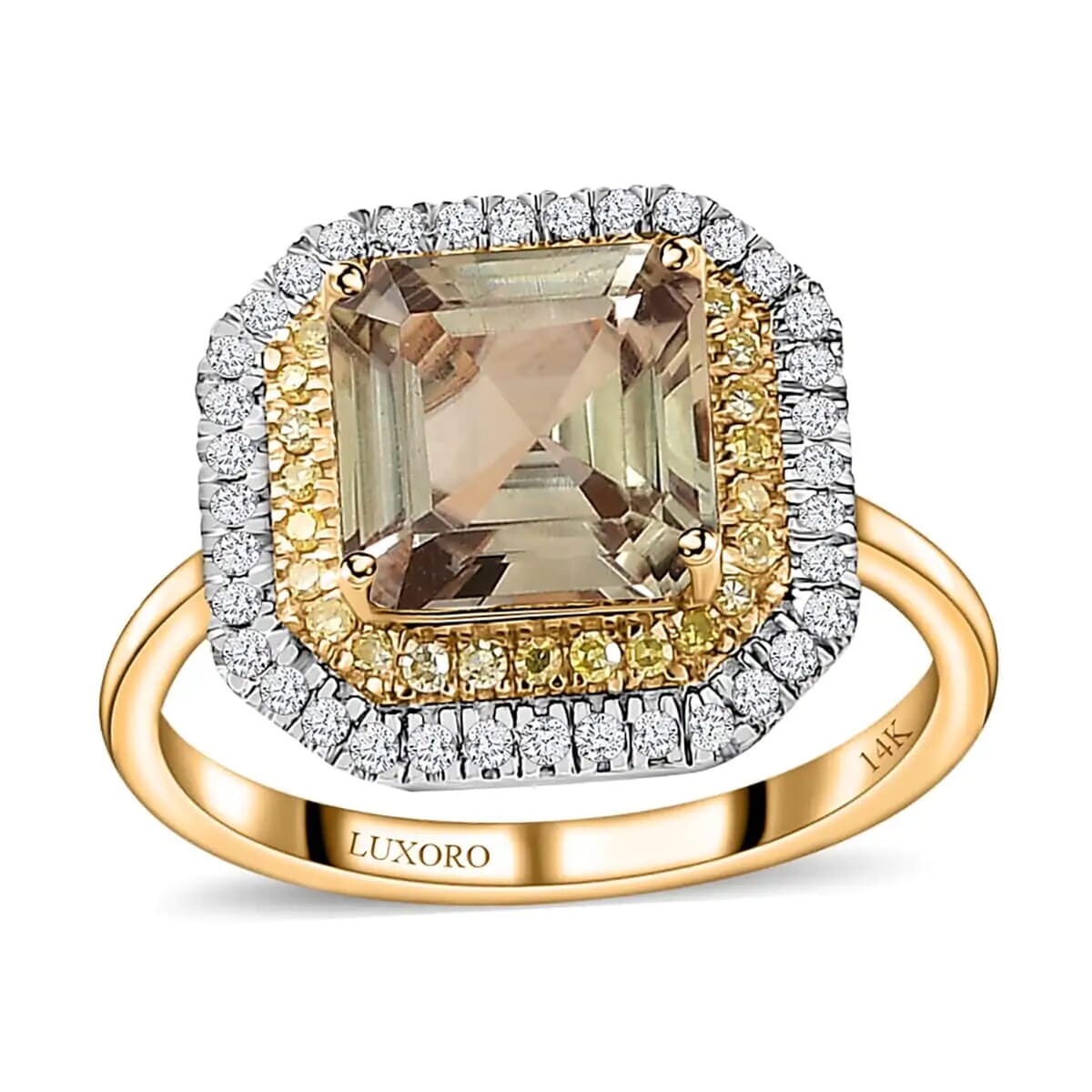 Luxoro AAA Turkizite, I1-I2 Natural Yellow and White Diamond 3.10 ctw Double Halo Ring in 14K Yellow Gold (Size 8.0) image number 0