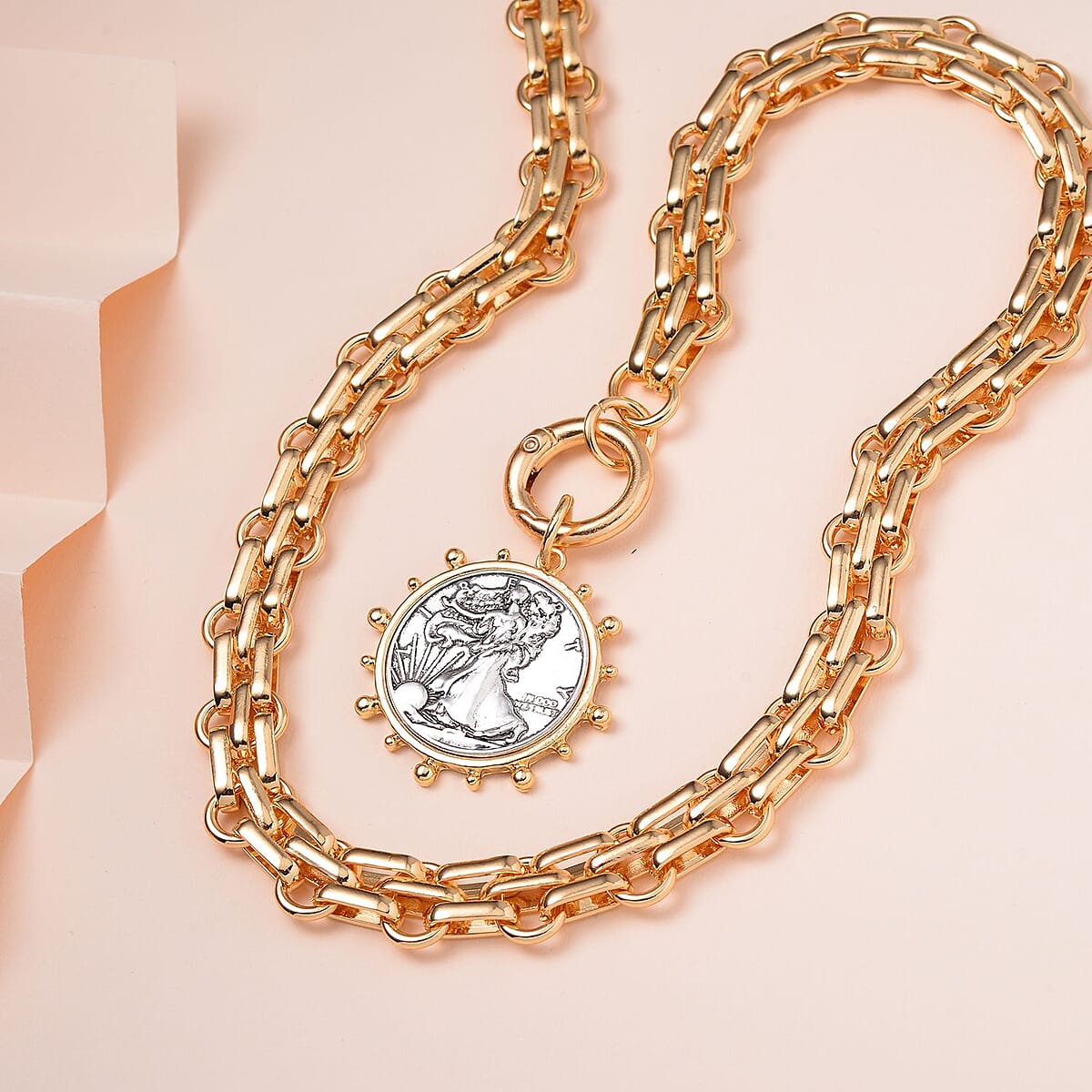 Waling Liberty Half dollar Coin Necklace 20 Inches in Silvertone and Goldtone image number 1