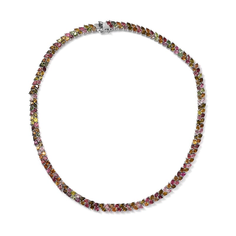 D'Joy Multi-Tourmaline 34.20 ctw 2 Row Necklace 18 Inches in Platinum Over Sterling Silver