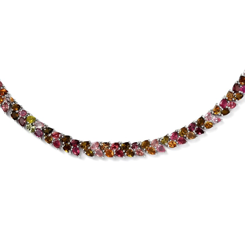 D'Joy Multi-Tourmaline 34.20 ctw 2 Row Necklace 18 Inches in Platinum Over Sterling Silver