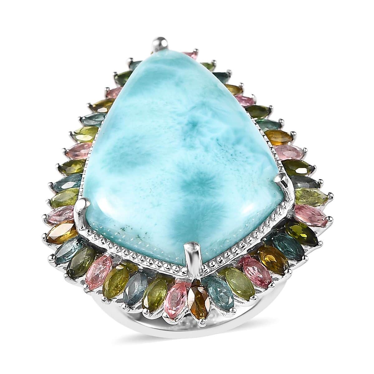 Larimar and Multi-Tourmaline Halo Ring in Platinum Over Sterling Silver (Size 10.0) 34.85 ctw image number 0