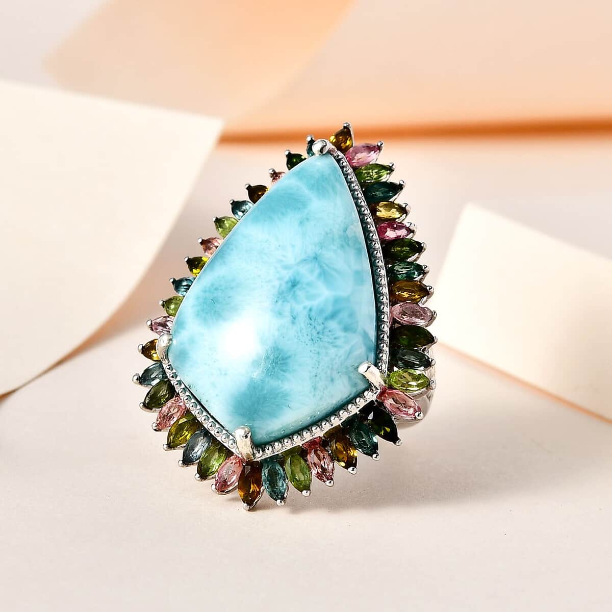 Larimar and Multi-Tourmaline Halo Ring in Platinum Over Sterling Silver (Size 10.0) 34.85 ctw image number 1