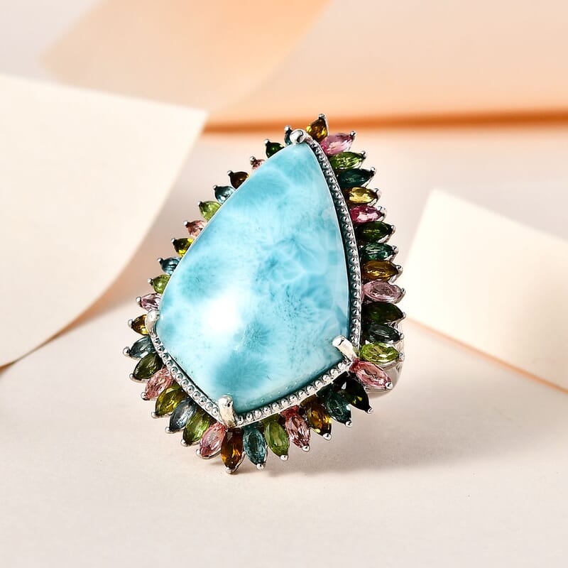 Larimar and Multi-Tourmaline Halo Ring in Platinum Over Sterling Silver (Size 10.0) 34.85 ctw