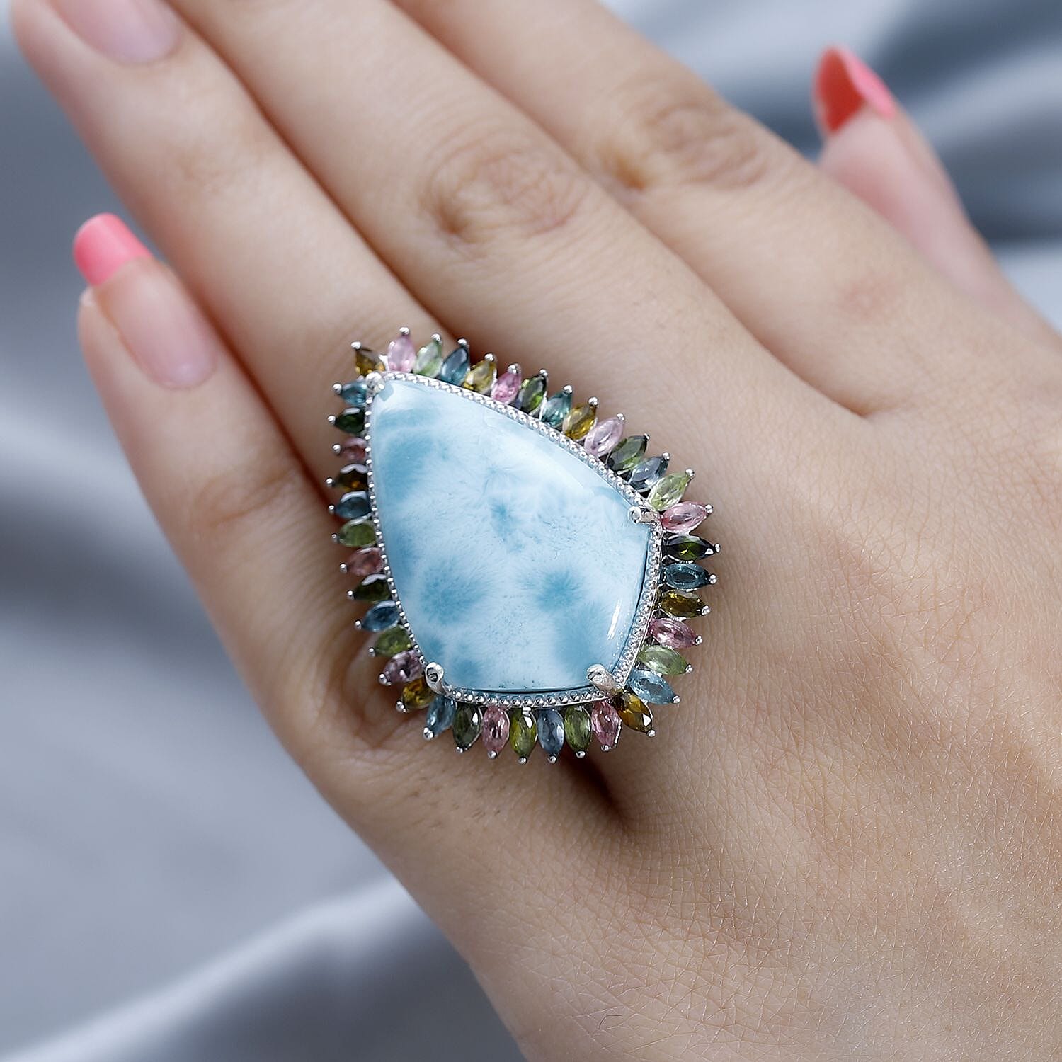 Larimar and Multi-Tourmaline Halo Ring in Platinum Over Sterling Silver (Size 10.0) 34.85 ctw