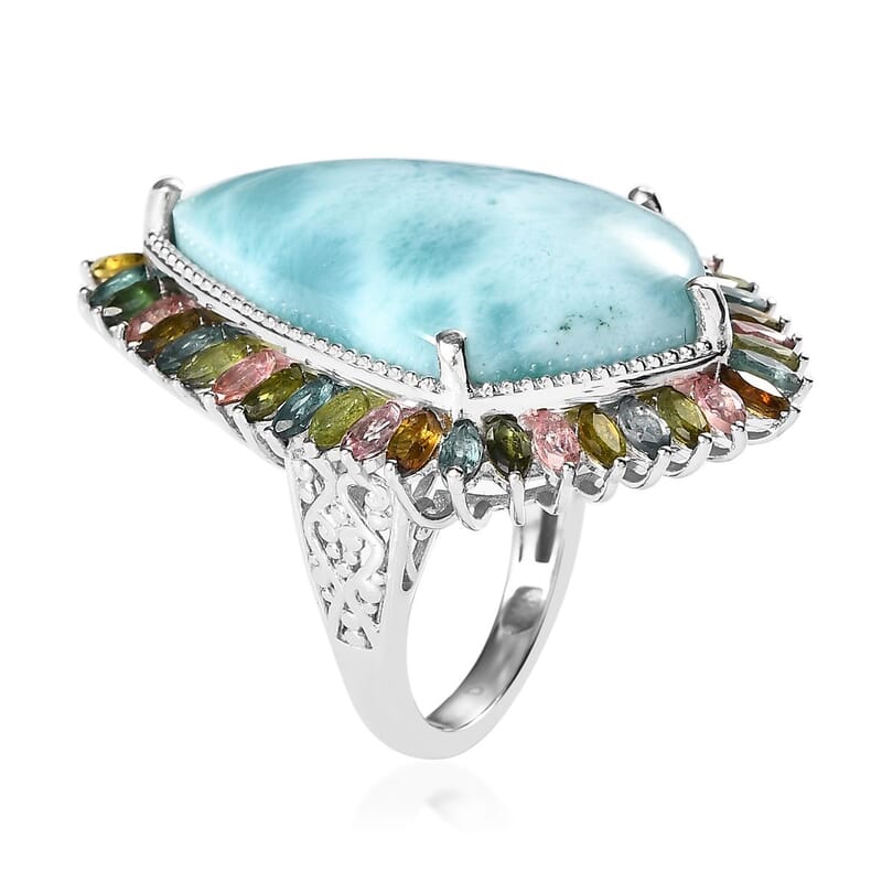 Larimar and Multi-Tourmaline Halo Ring in Platinum Over Sterling Silver (Size 10.0) 34.85 ctw