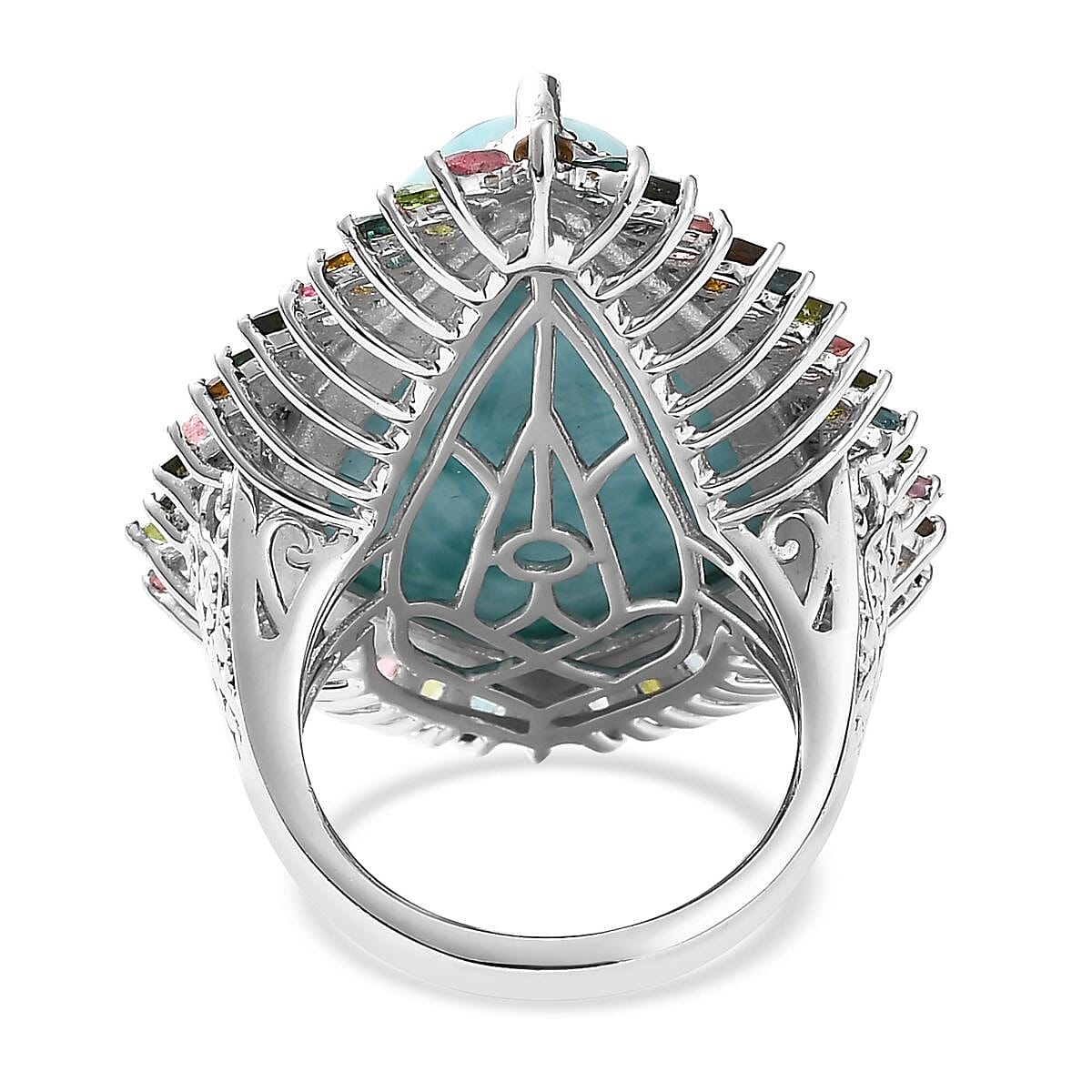 Larimar and Multi-Tourmaline Halo Ring in Platinum Over Sterling Silver (Size 10.0) 34.85 ctw