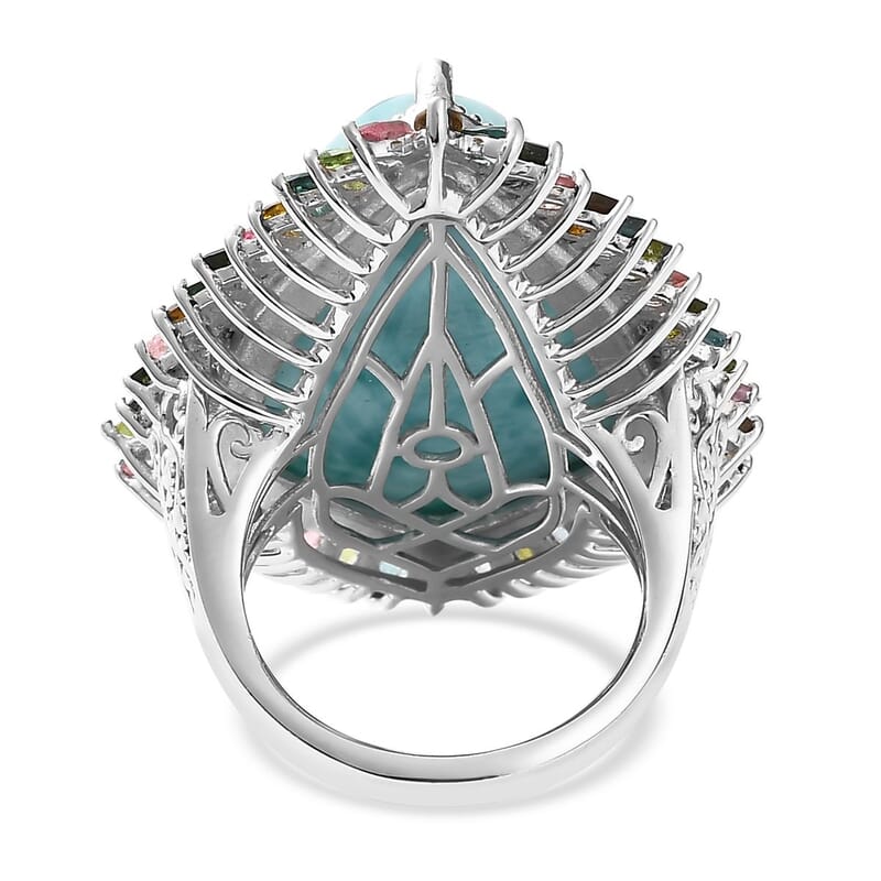 Larimar and Multi-Tourmaline Halo Ring in Platinum Over Sterling Silver (Size 10.0) 34.85 ctw