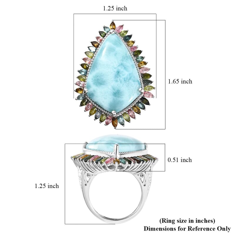 Larimar and Multi-Tourmaline Halo Ring in Platinum Over Sterling Silver (Size 10.0) 34.85 ctw