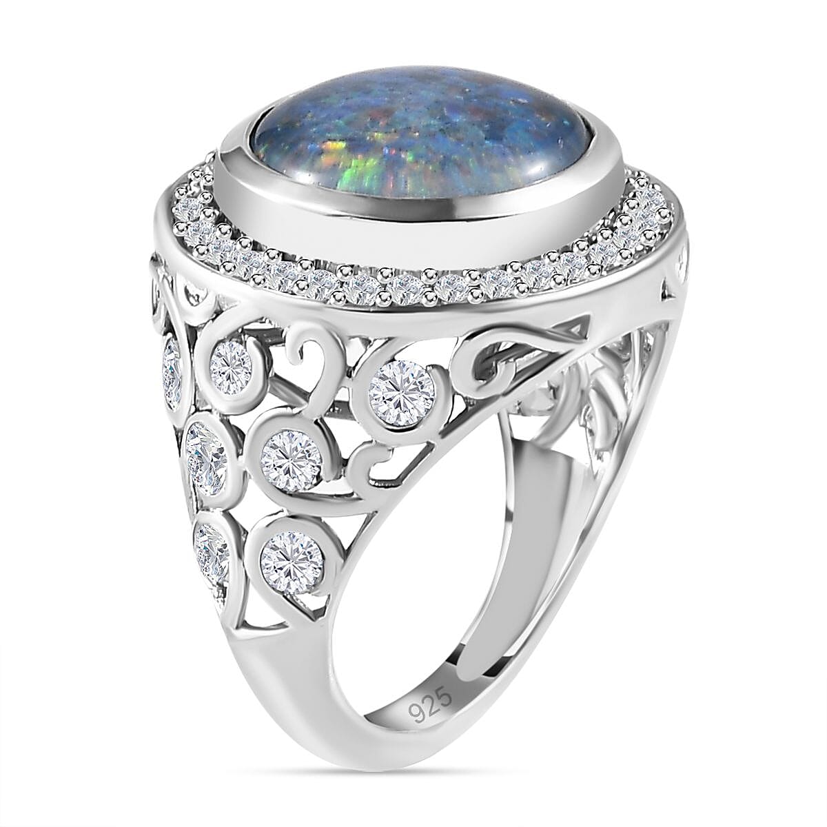 Boulder Opal and White Zircon 5.32 ctw Ring in Platinum Over Sterling Silver (Size 6.5)