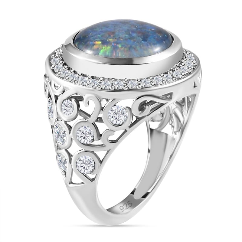 Boulder Opal and White Zircon 5.32 ctw Ring in Platinum Over Sterling Silver (Size 6.5)