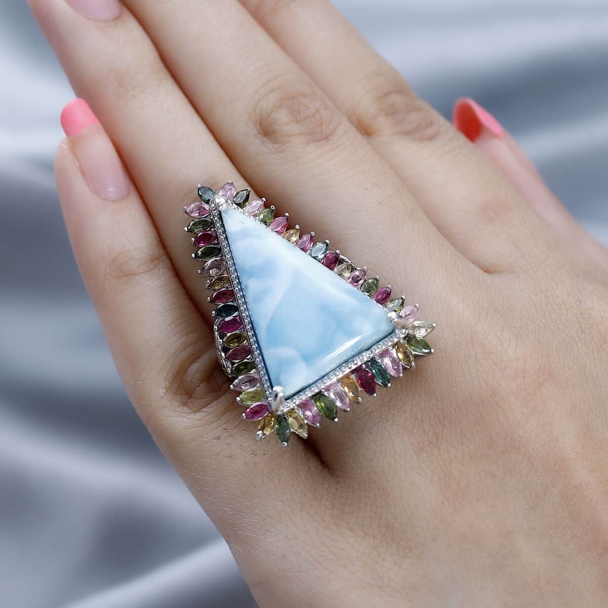 Larimar and Multi-Tourmaline Halo Ring in Platinum Over Sterling Silver (Size 6.0) 30.00 ctw image number 2