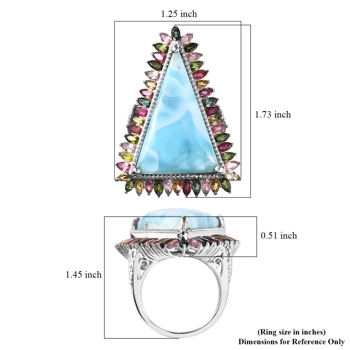 Larimar and Multi-Tourmaline Halo Ring in Platinum Over Sterling Silver (Size 6.0) 30.00 ctw image number 5