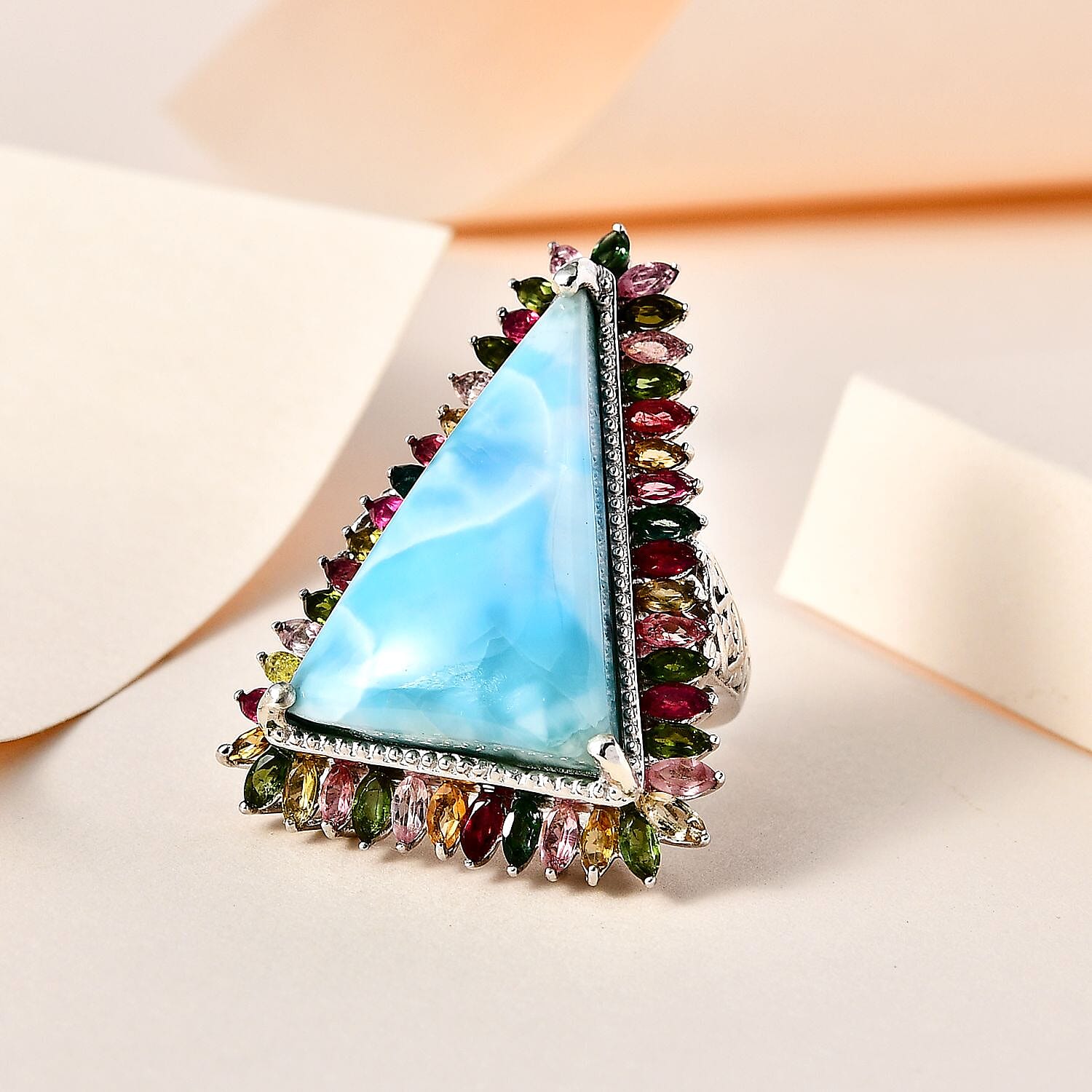 Buy Larimar and Multi-Tourmaline Halo Ring in Platinum Over