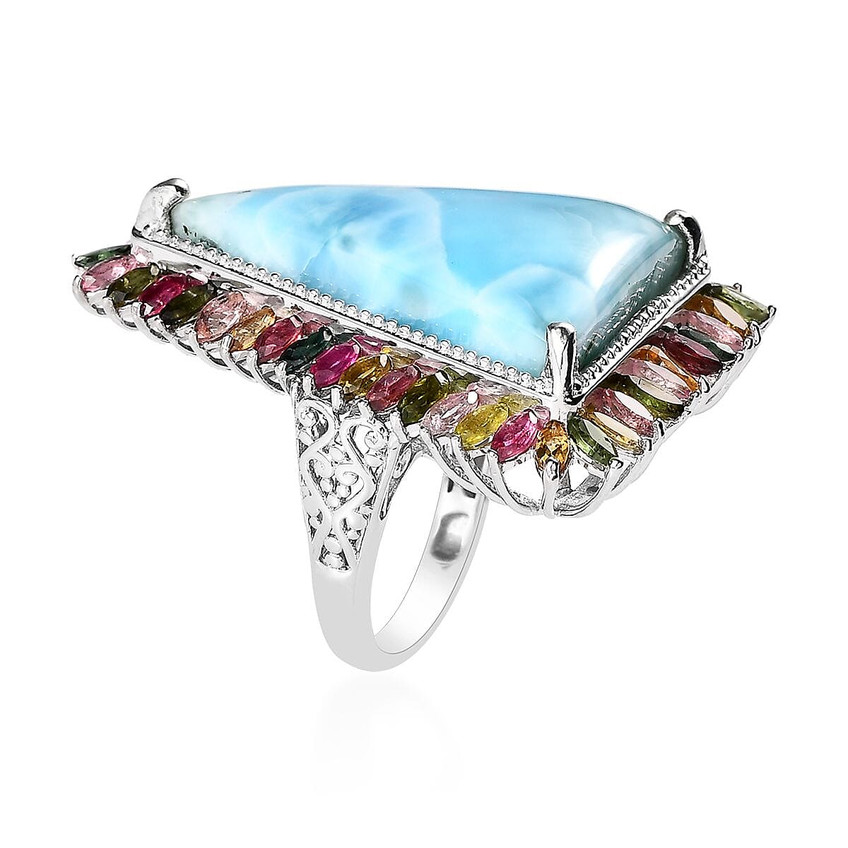 Buy Larimar and Multi-Tourmaline Halo Ring in Platinum Over