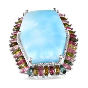 Larimar and Multi-Tourmaline Halo Ring in Platinum Over Sterling Silver (Size 7.0) 46.50 ctw