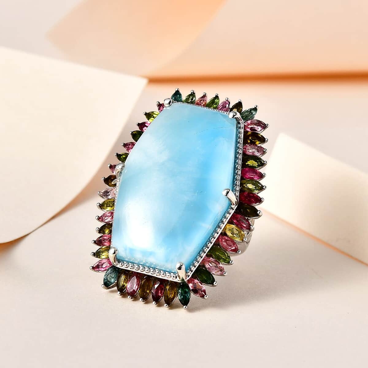 Larimar and Multi-Tourmaline Halo Ring in Platinum Over Sterling Silver (Size 7.0) 46.50 ctw image number 1