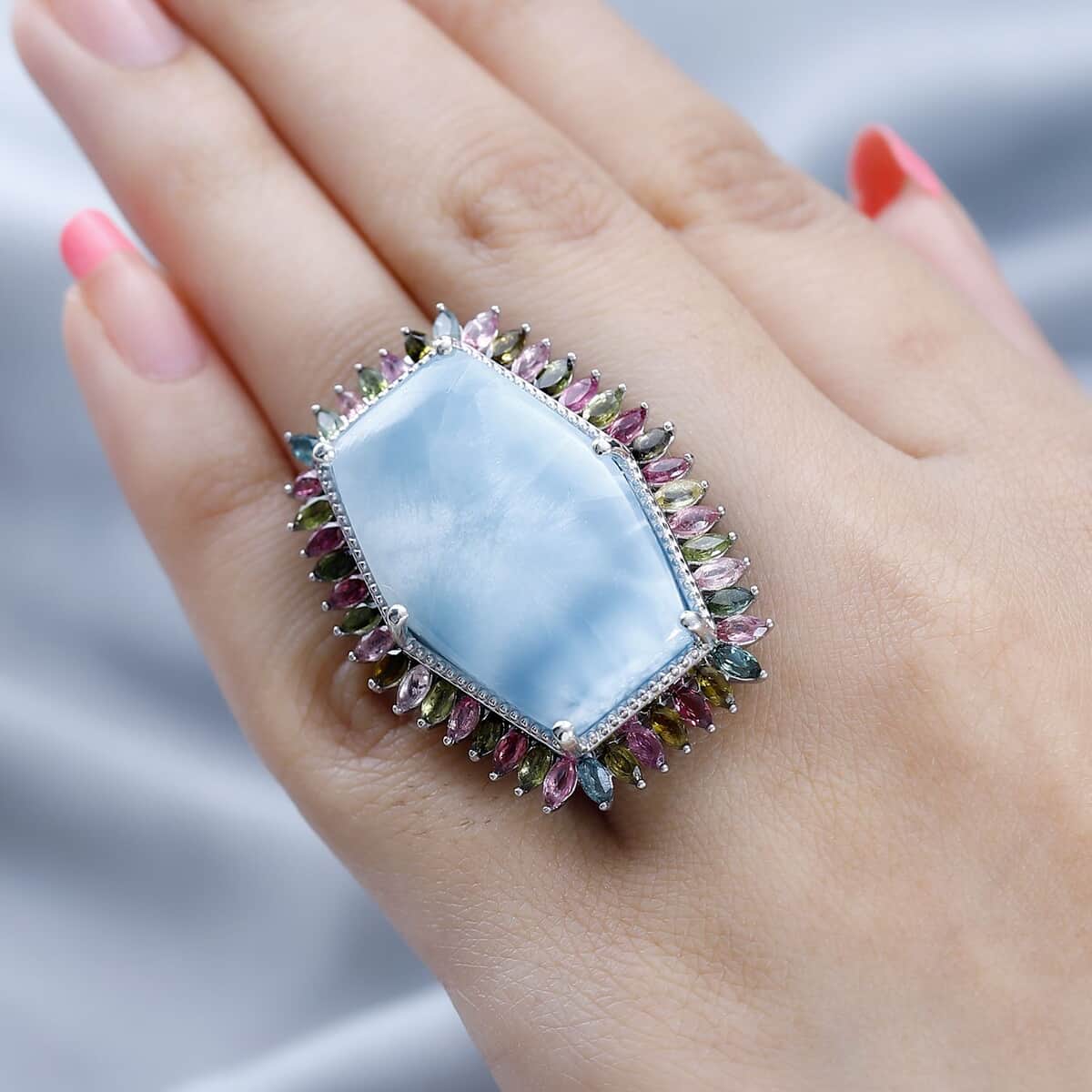 Larimar and Multi-Tourmaline Halo Ring in Platinum Over Sterling Silver (Size 7.0) 46.50 ctw image number 2