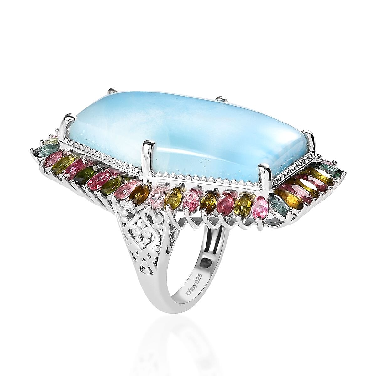 Buy Larimar and Multi-Tourmaline Halo Ring in Platinum Over