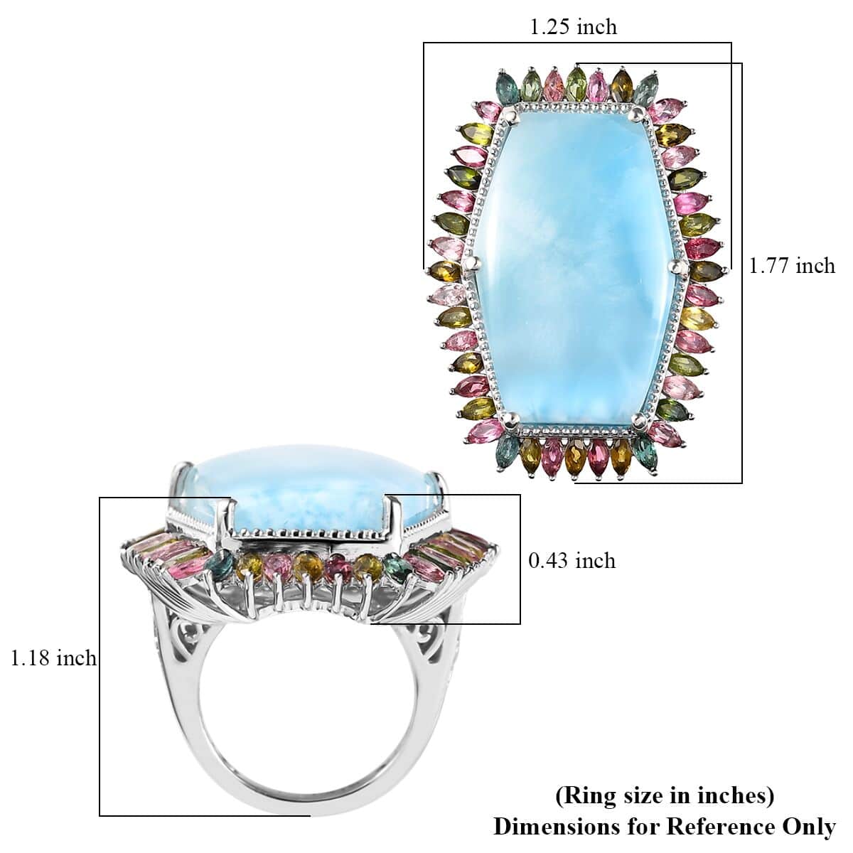 Larimar and Multi-Tourmaline Halo Ring in Platinum Over Sterling Silver (Size 7.0) 46.50 ctw image number 5