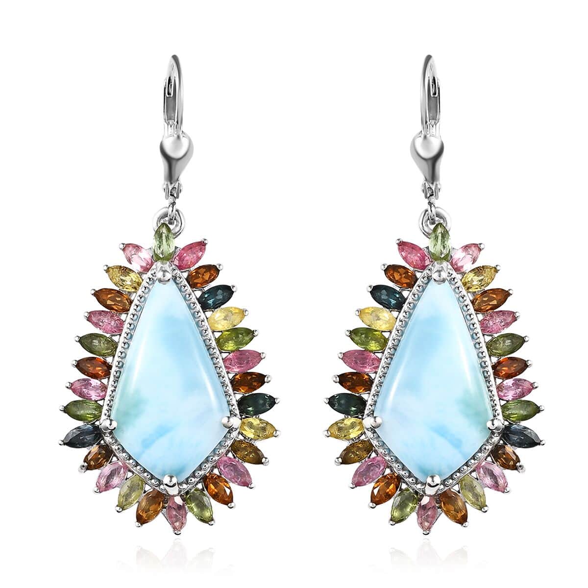 Larimar and Multi-Tourmaline 22.15 ctw Lever Back Earrings in Platinum Over Sterling Silver image number 0