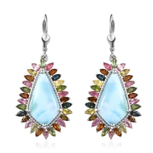 Larimar and Multi-Tourmaline 22.15 ctw Lever Back Earrings in Platinum Over Sterling Silver