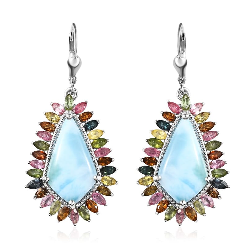 D'Joy Larimar and Multi-Tourmaline 22.15 ctw Lever Back Earrings in Platinum Over Sterling Silver