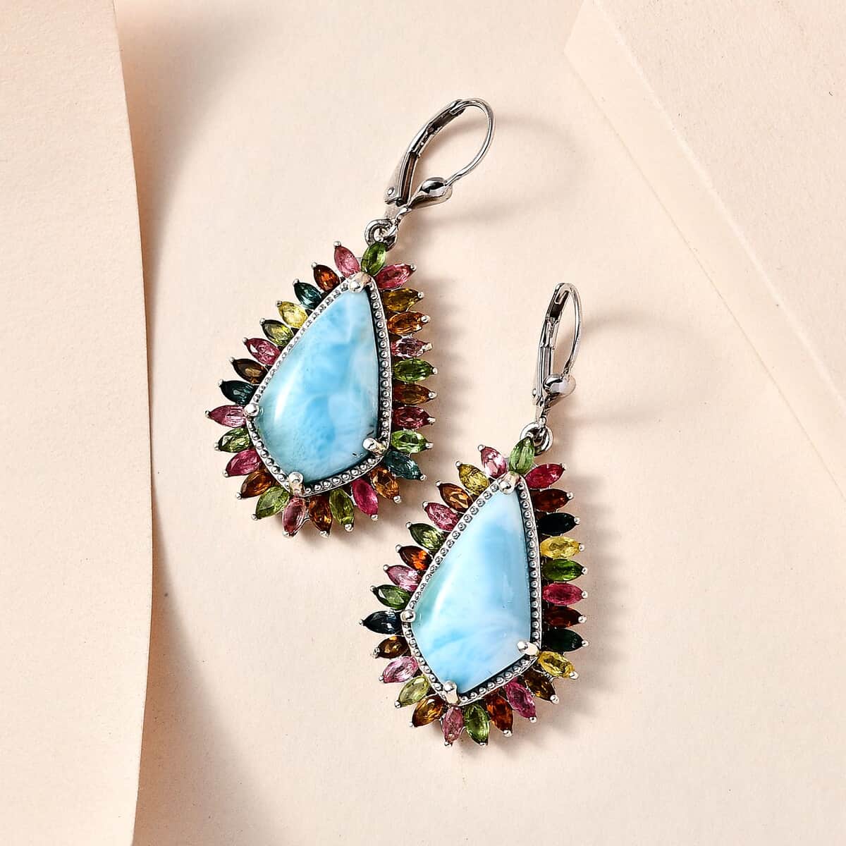 Larimar and Multi-Tourmaline 22.15 ctw Lever Back Earrings in Platinum Over Sterling Silver image number 1