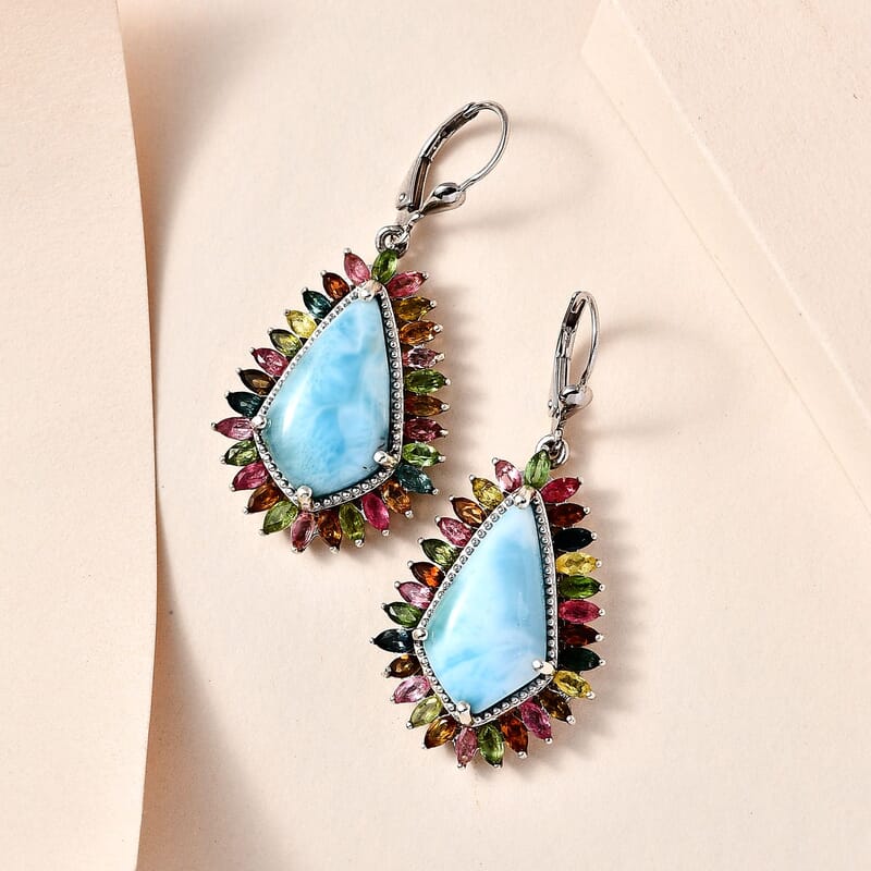 D'Joy Larimar and Multi-Tourmaline 22.15 ctw Lever Back Earrings in Platinum Over Sterling Silver