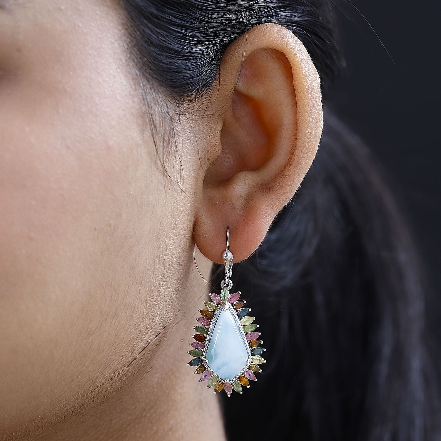 D'Joy Larimar and Multi-Tourmaline 22.15 ctw Lever Back Earrings in Platinum Over Sterling Silver
