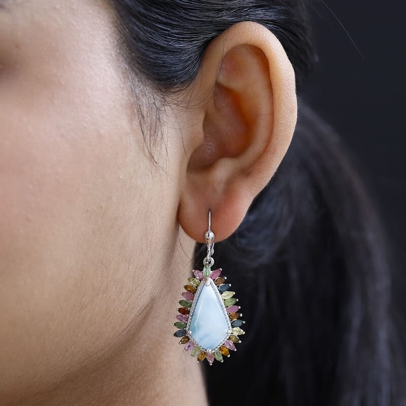 D'Joy Larimar and Multi-Tourmaline 22.15 ctw Lever Back Earrings in Platinum Over Sterling Silver
