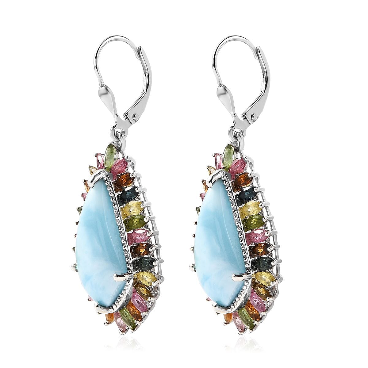 D'Joy Larimar and Multi-Tourmaline 22.15 ctw Lever Back Earrings in Platinum Over Sterling Silver
