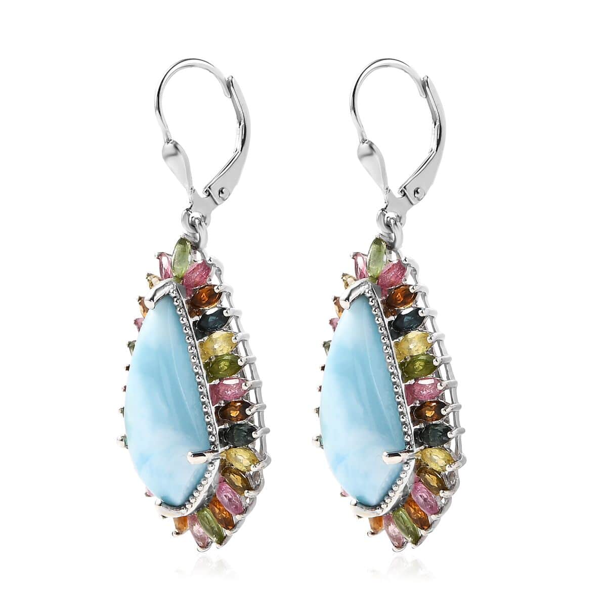 Larimar and Multi-Tourmaline 22.15 ctw Lever Back Earrings in Platinum Over Sterling Silver image number 3