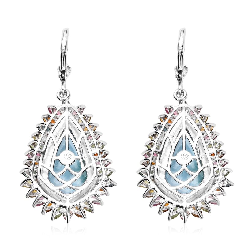 D'Joy Larimar and Multi-Tourmaline 22.15 ctw Lever Back Earrings in Platinum Over Sterling Silver