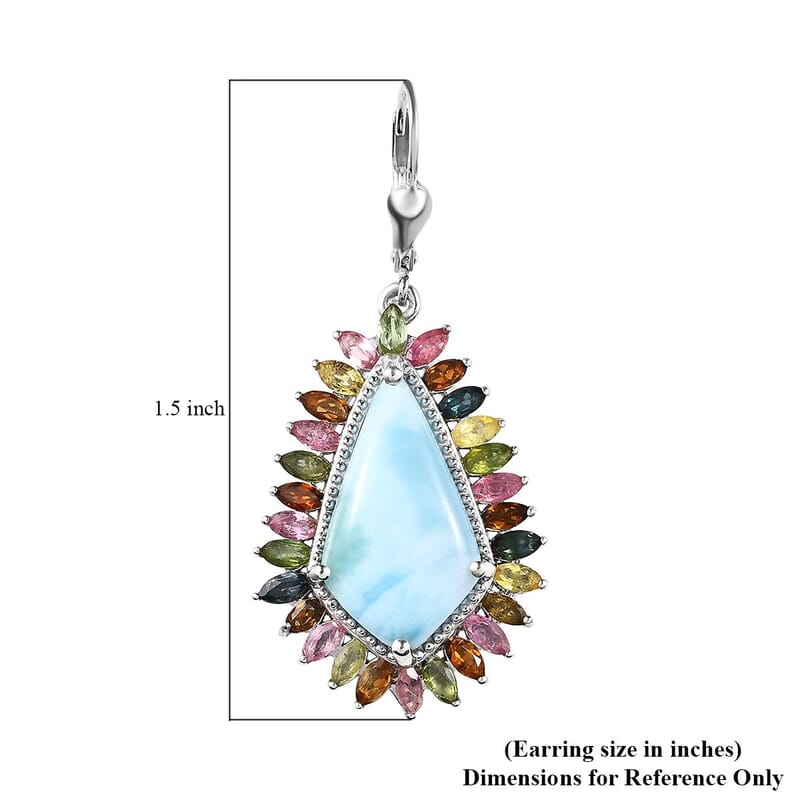 D'Joy Larimar and Multi-Tourmaline 22.15 ctw Lever Back Earrings in Platinum Over Sterling Silver