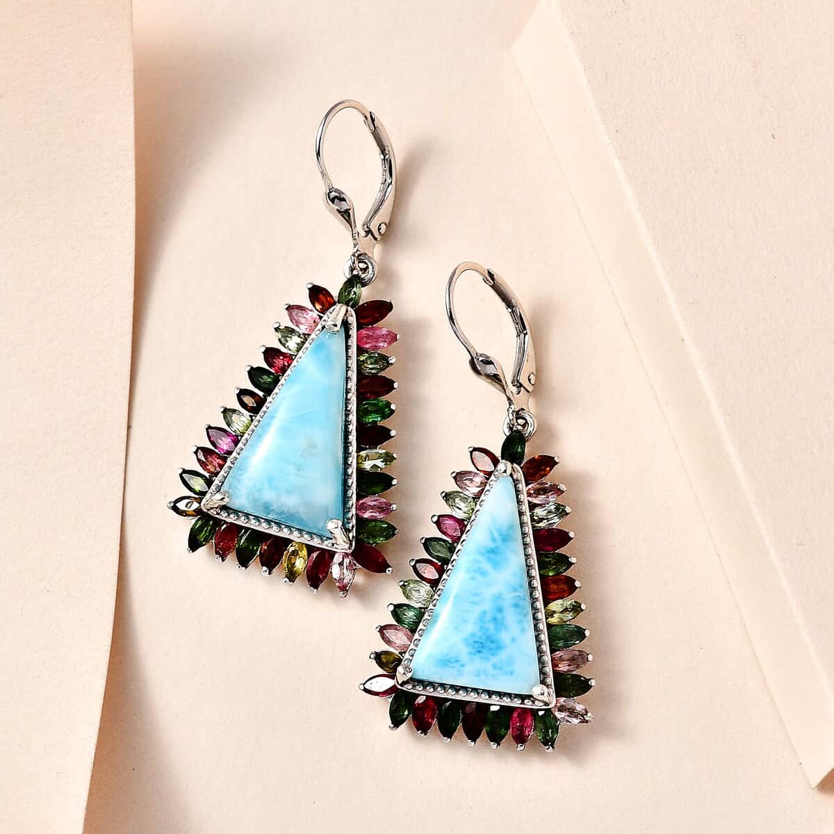 Larimar and Multi-Tourmaline 17.90 ctw Lever Back Earrings in Platinum Over Sterling Silver image number 1