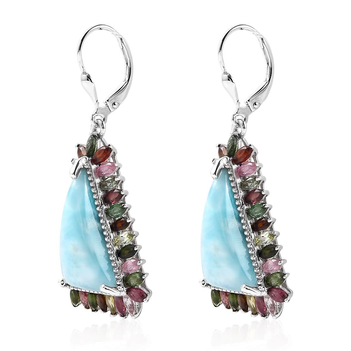 Larimar and Multi-Tourmaline 17.90 ctw Lever Back Earrings in Platinum Over Sterling Silver image number 3