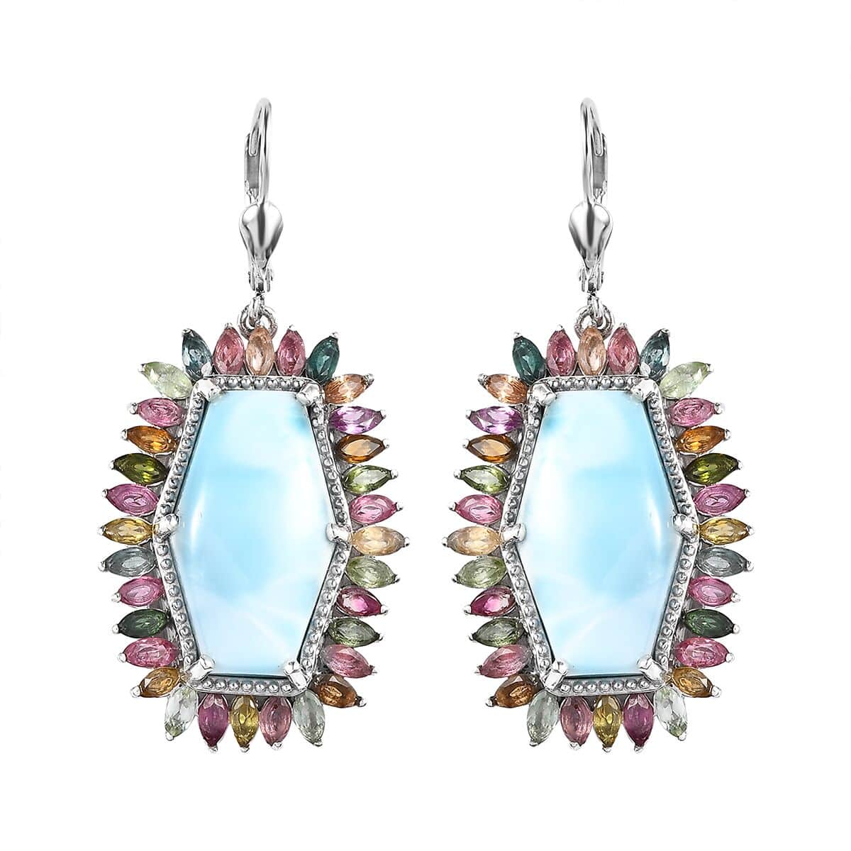 Larimar and Multi-Tourmaline 30.15 ctw Lever Back Earrings in Platinum Over Sterling Silver image number 0