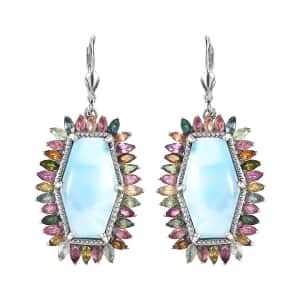 Larimar and Multi-Tourmaline 30.15 ctw Lever Back Earrings in Platinum Over Sterling Silver