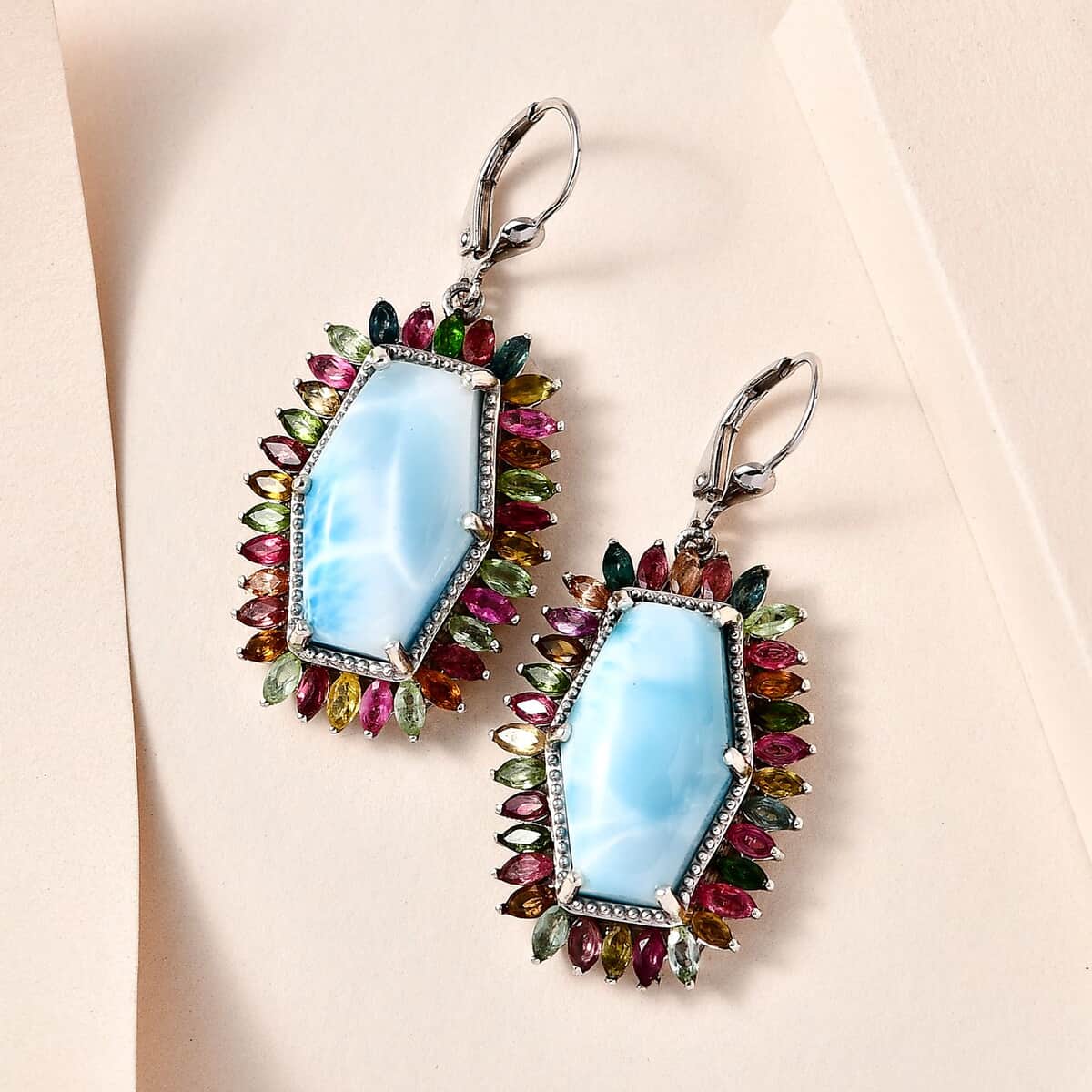 Larimar and Multi-Tourmaline 30.15 ctw Lever Back Earrings in Platinum Over Sterling Silver image number 1