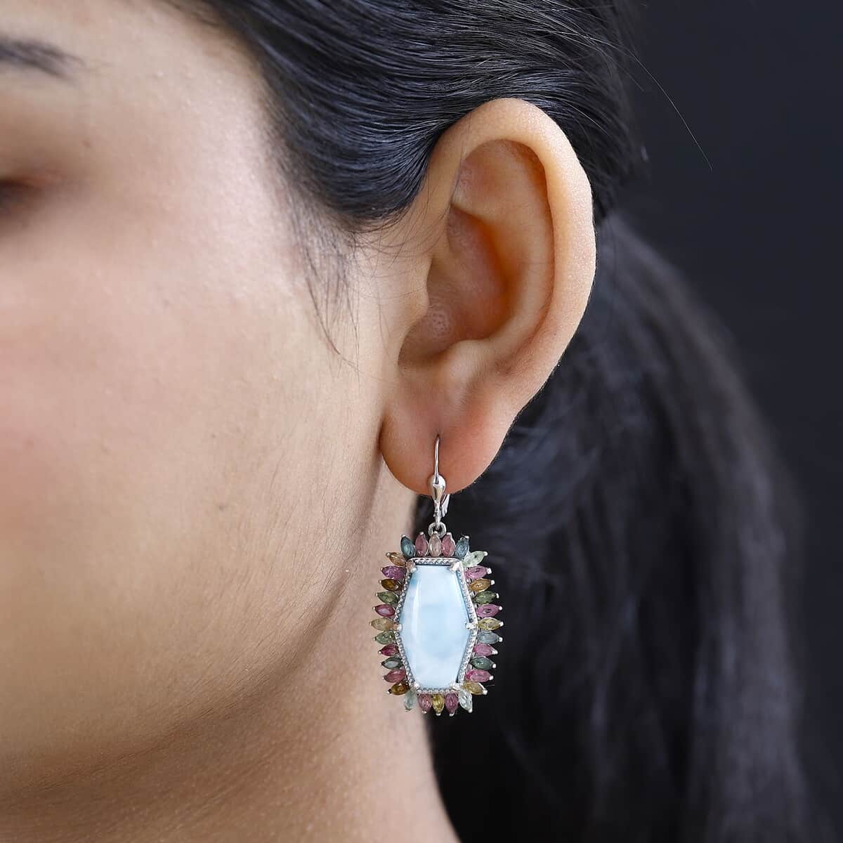 Larimar and Multi-Tourmaline 30.15 ctw Lever Back Earrings in Platinum Over Sterling Silver image number 2