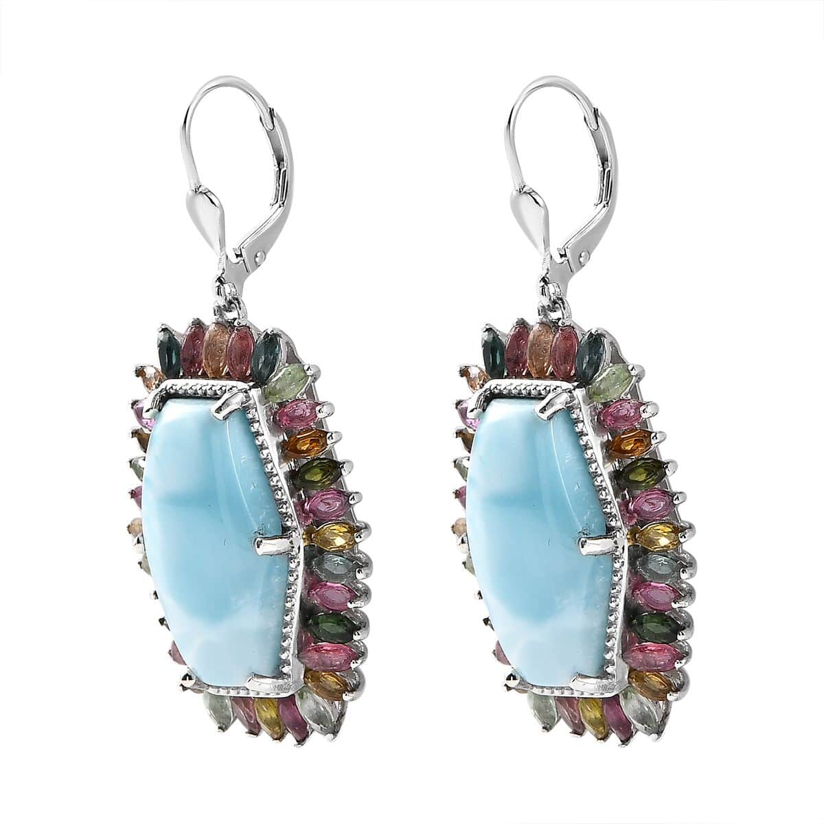 Larimar and Multi-Tourmaline 30.15 ctw Lever Back Earrings in Platinum Over Sterling Silver image number 3