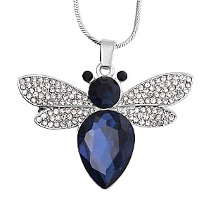 Black Austrian Crystal, Bue Glass Necklace in Silvertone (24-26 Inches)