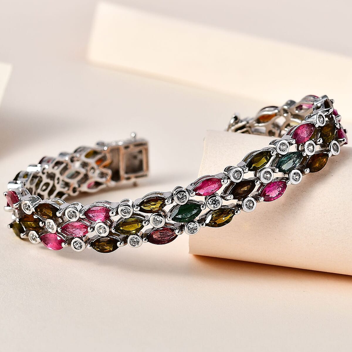 Multi-Tourmaline and White Zircon Bracelet in Platinum Over Sterling Silver (8.00 In) 18.00 ctw image number 1